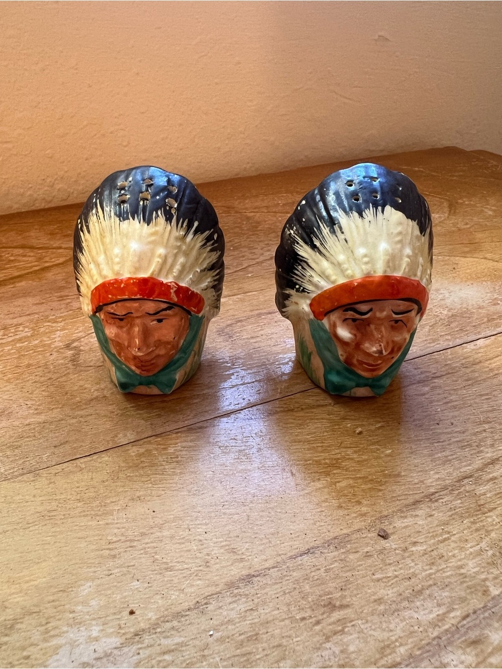 Vintage Native Chief Head Salt and Pepper Shaker Set in Black, White, Red, Green